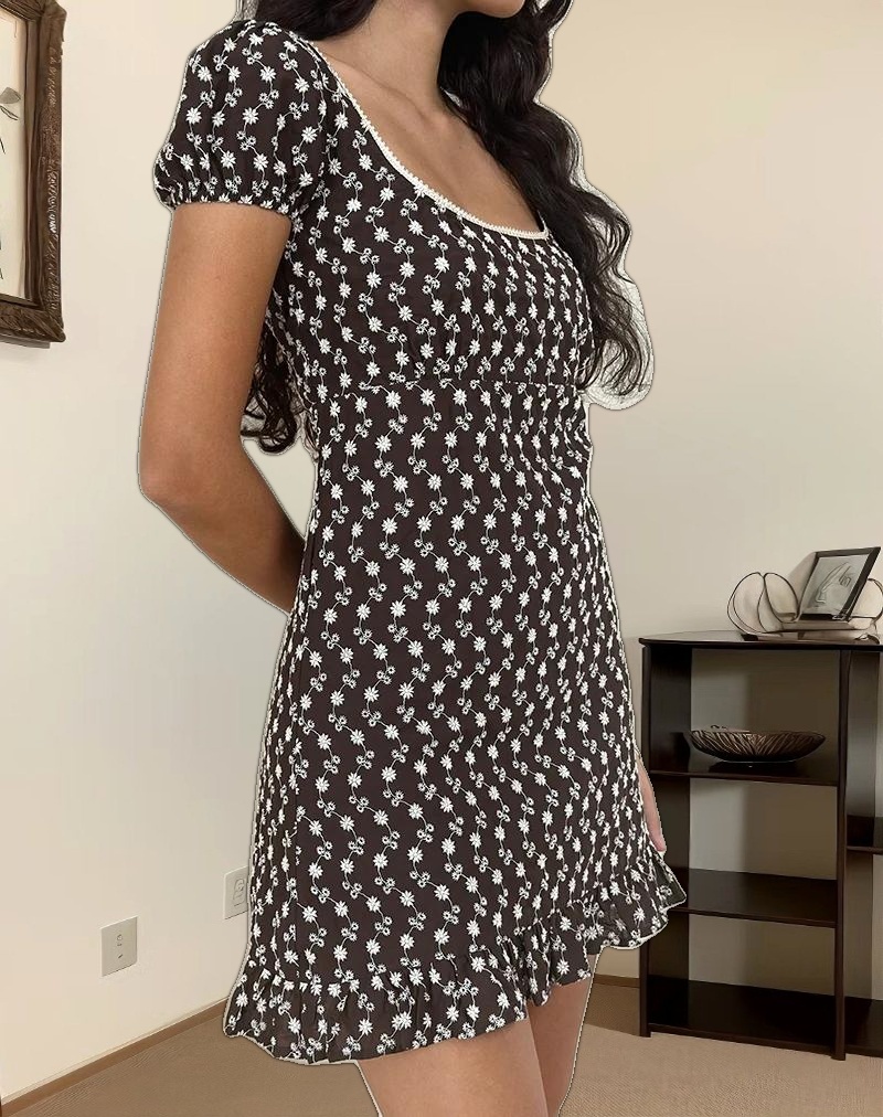 Bella Mini Tea Dress in Floral Broderie Brown