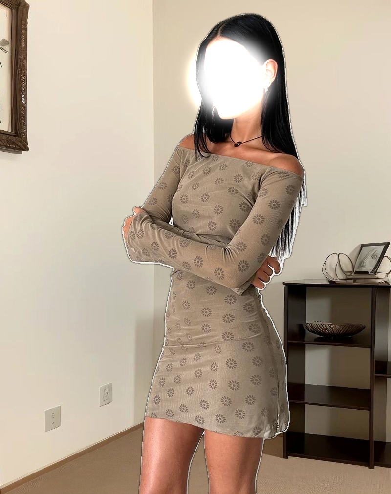 Kausar Off Shoulder Mini Dress in Daisy Flock Light Brown