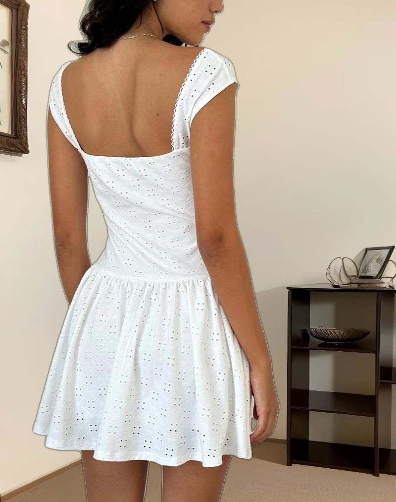 Misty Mini Tea Dress in Broderie White