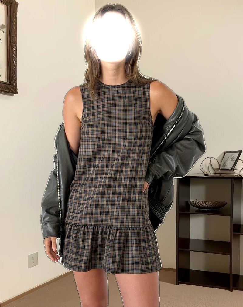 Samana Babydoll Mini Dress in Check Dark Brown