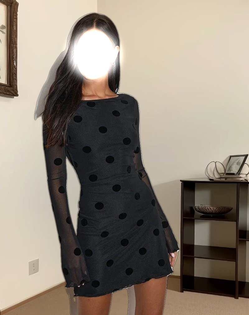 Dasa Long Sleeve Mini Dress in Big Polka Flock Black
