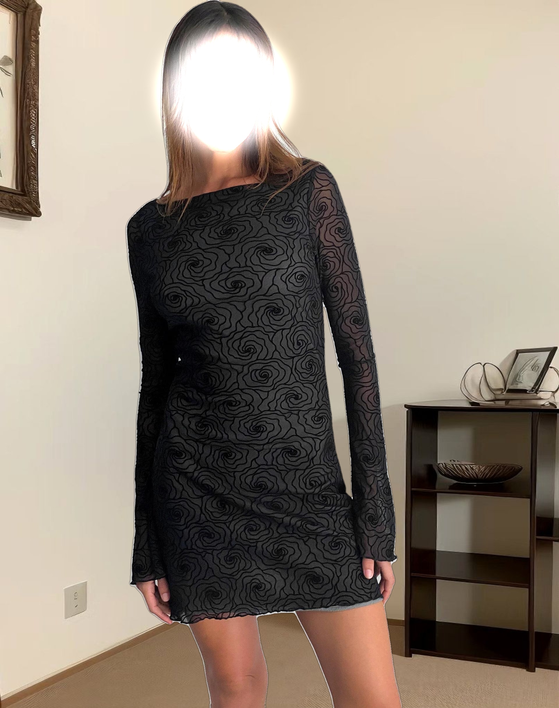 Sevila Long Sleeve Mini Dress in Mesh Black Abstract Flower Flock