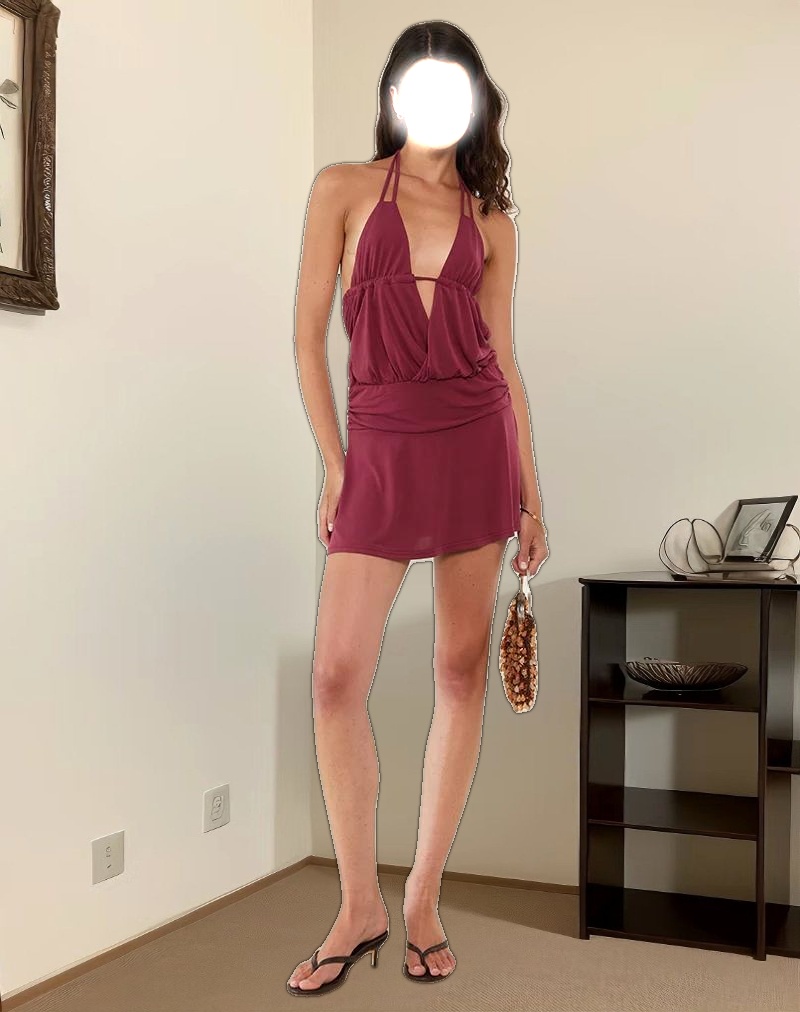 Senara Cinch Waist Halterneck Mini Dress in Burgundy