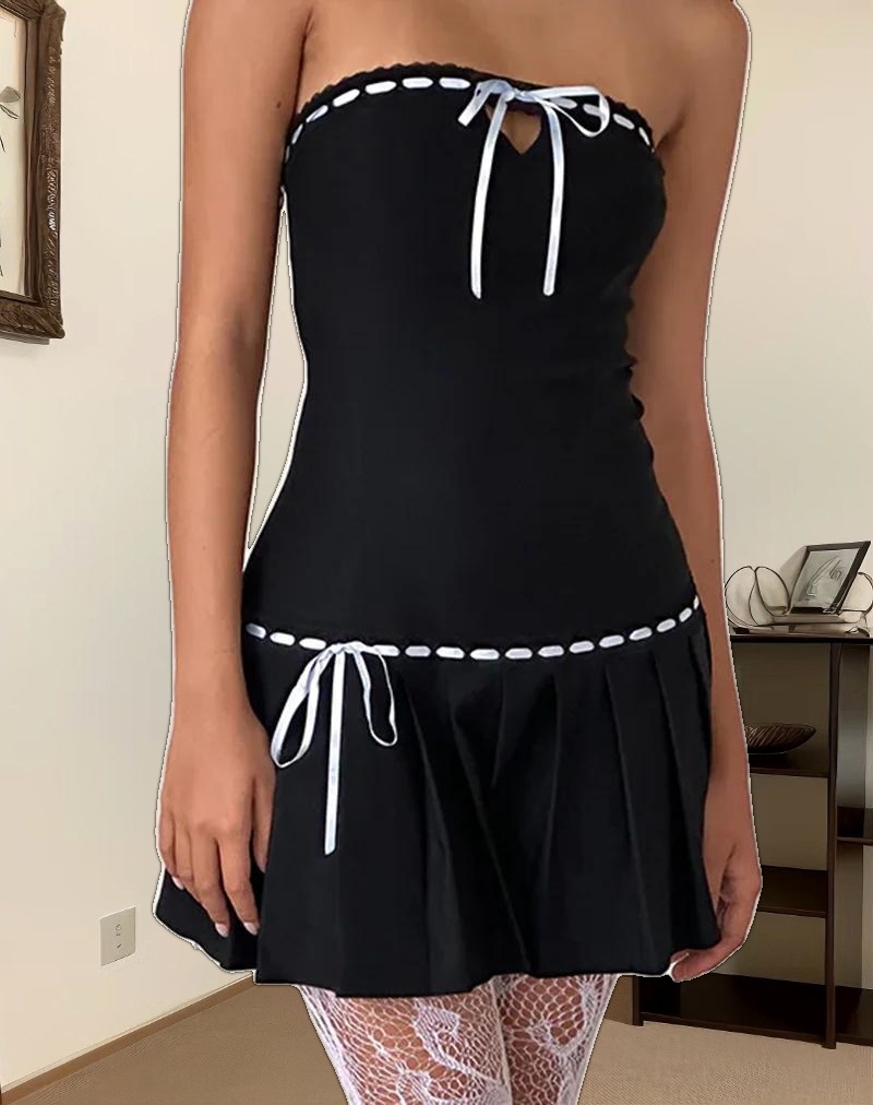 Petula Mini Dress in Black with Blue Contrast Ribbon