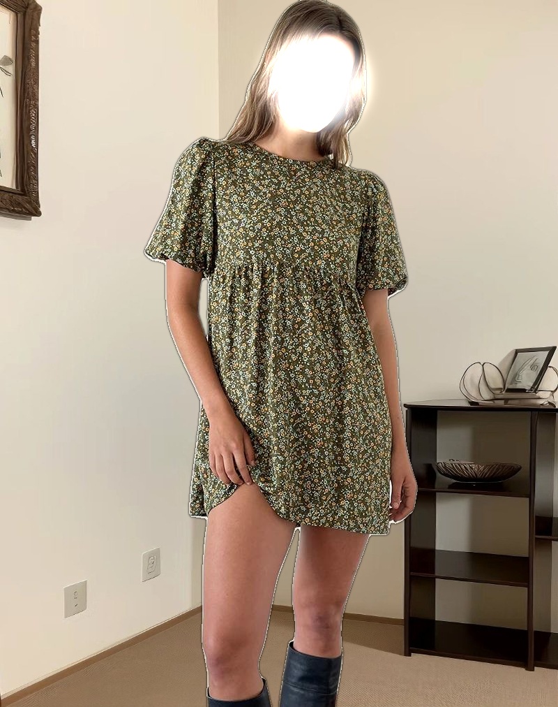 Marate Puff Sleeve Mini Dress in Grunge Floral Khaki