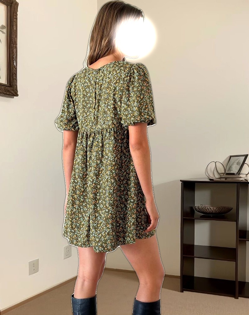 Marate Puff Sleeve Mini Dress in Grunge Floral Khaki