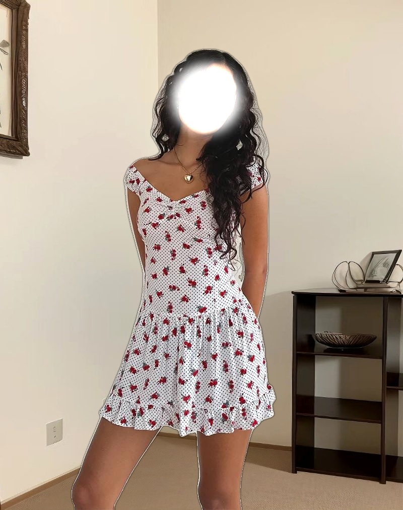 Aca Bardot Mini Dress in White Rose Polka