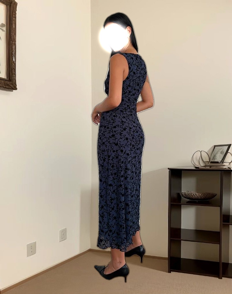 Gabriela Midi Dress in Flocked Petal Navy