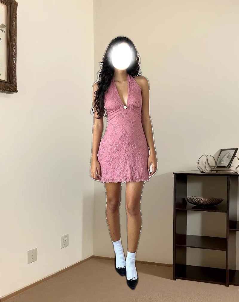 Codami Halterneck Mini Dress in Lace Dusty Rose