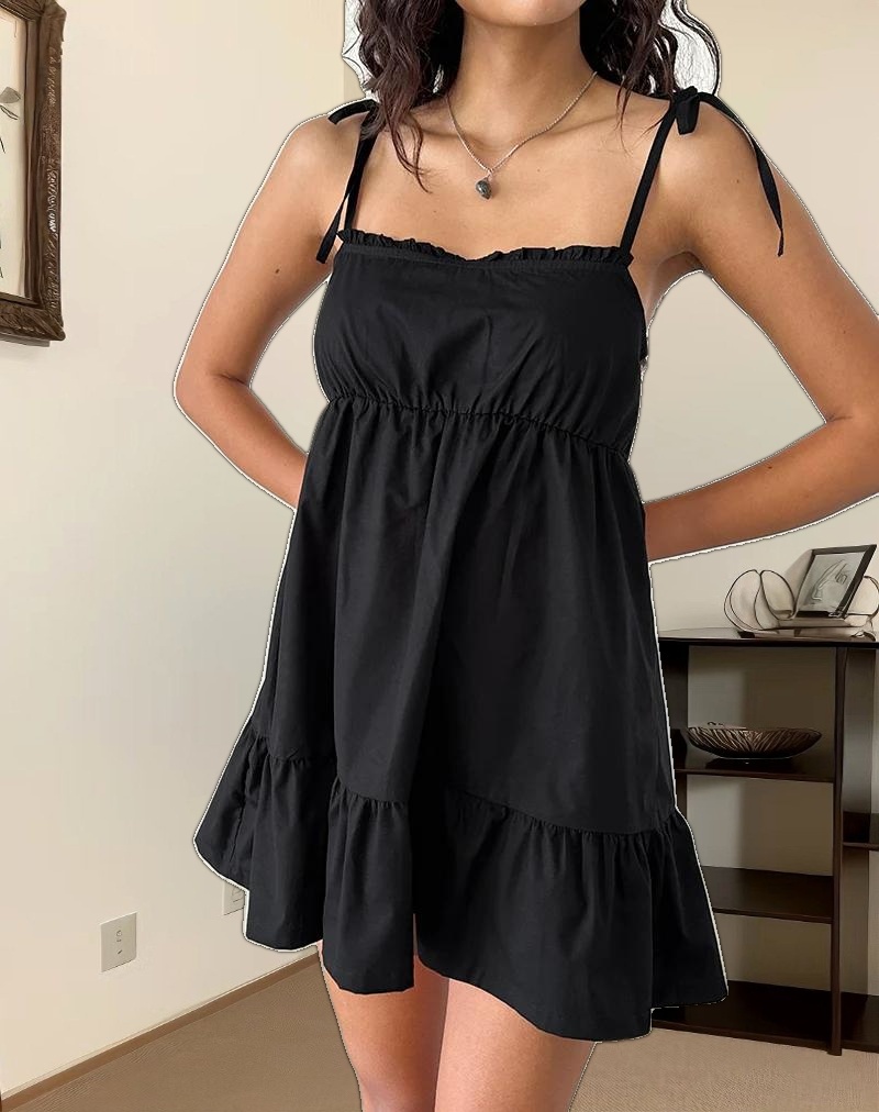 Nigta Tie Front Mini Dress in Poplin Black