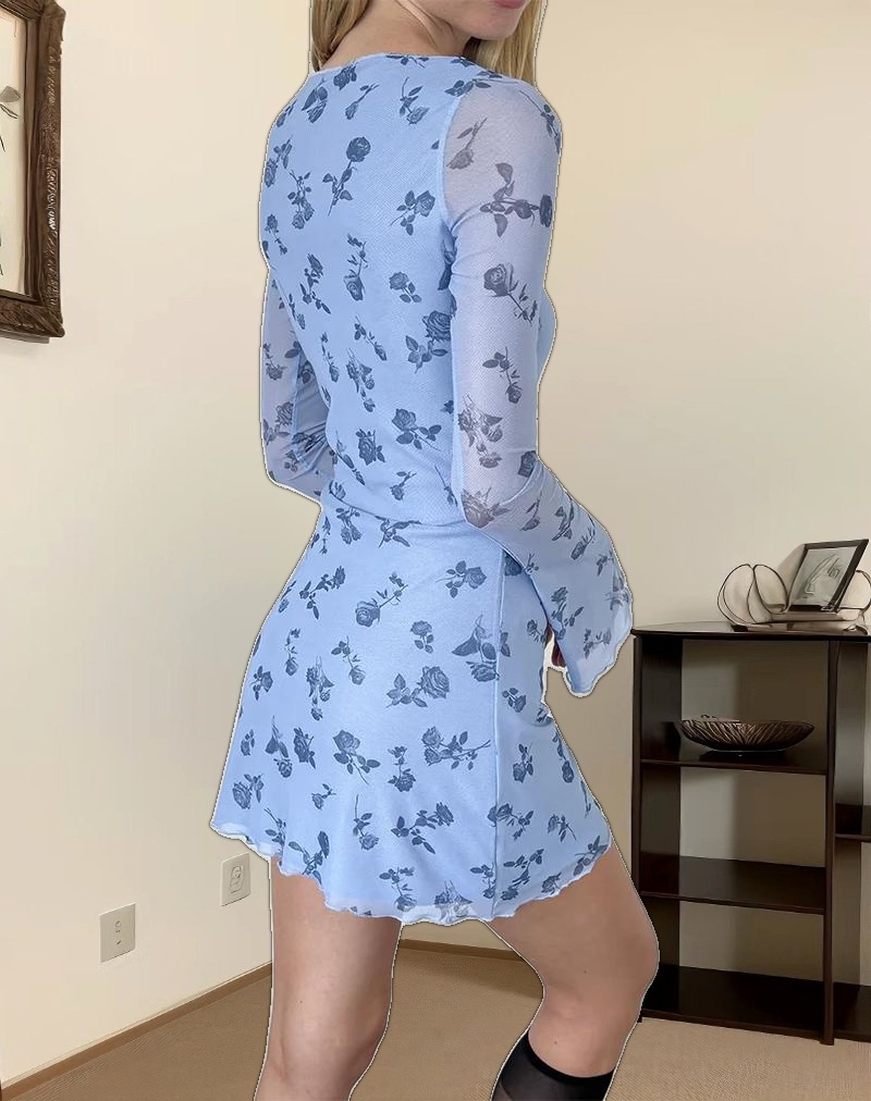 Sevila Long Sleeve Mini Dress in Inky Blue Floral Mesh
