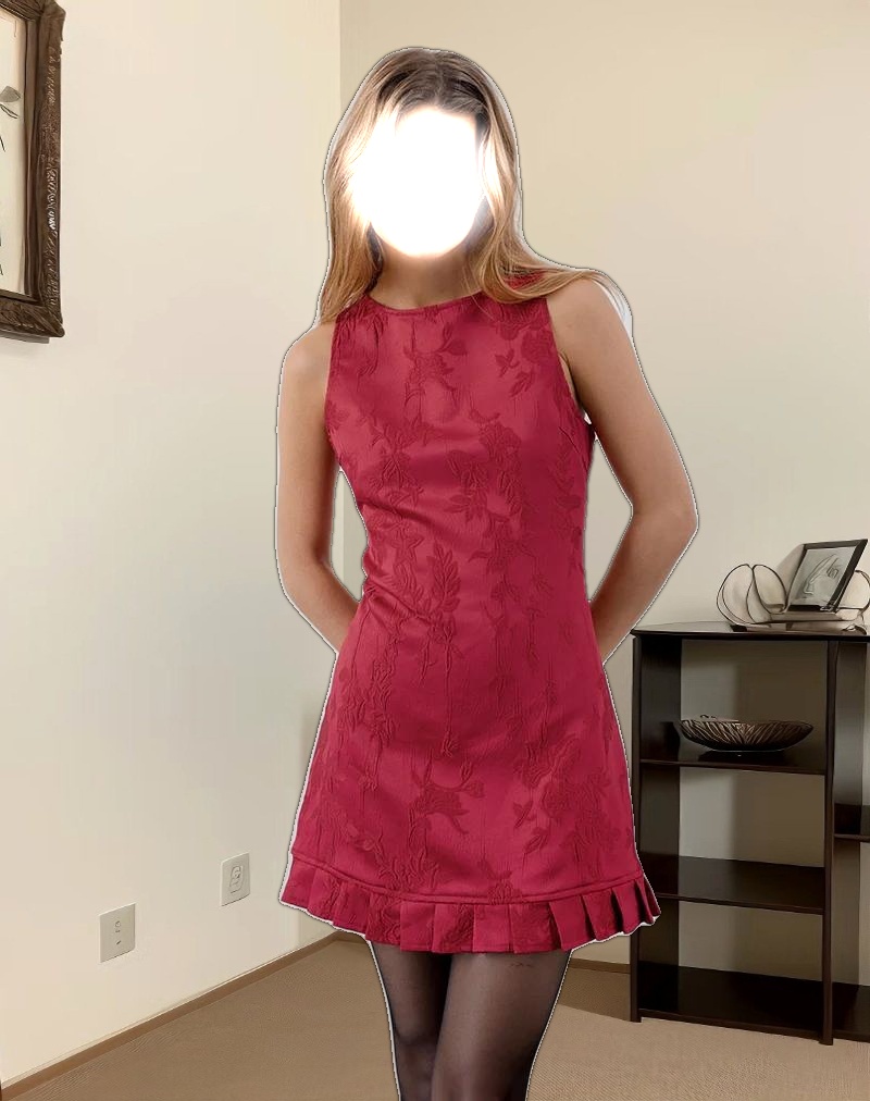 Benian Mini Dress in Satin Jacquard Red