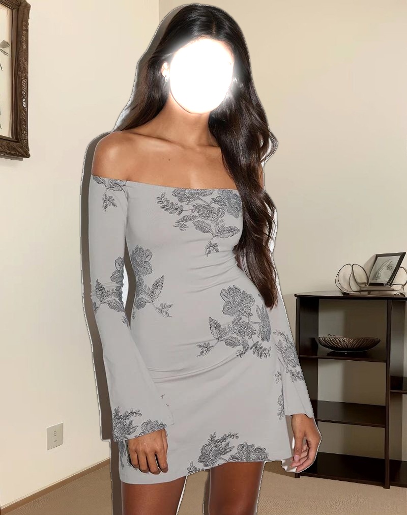 Kausar Off Shoulder Mini Dress in Lace Flower Grey