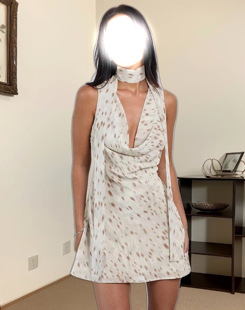 Jenat Mini Dress in Ivory Bambi Print with Scarf