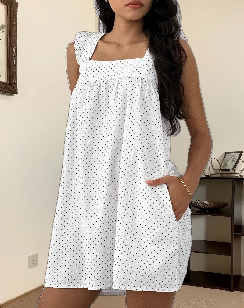 Sanaly Mini Dress in White with Black Micro Polka
