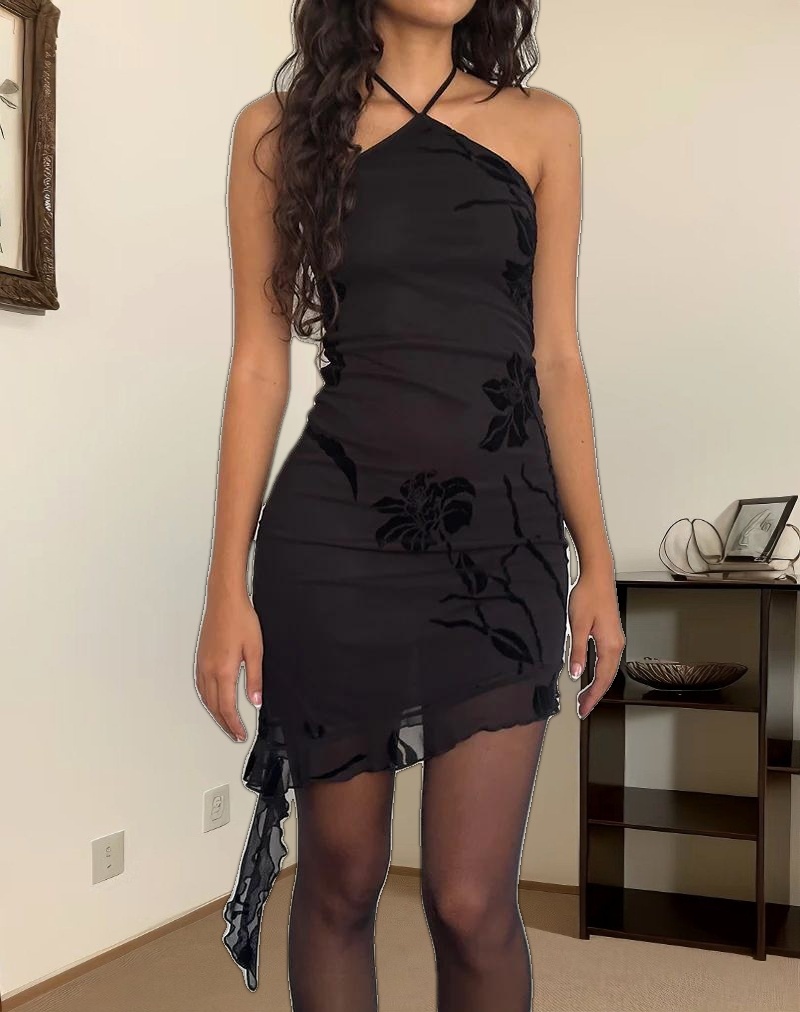 Redi Mini Halterneck Dress in Orchids Flock Black