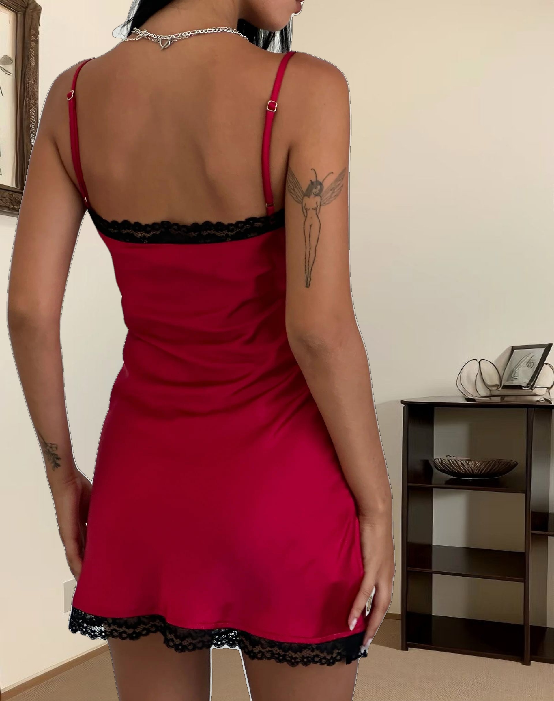 Larna Satin Mini Dress in Red with Black Lace Trimming