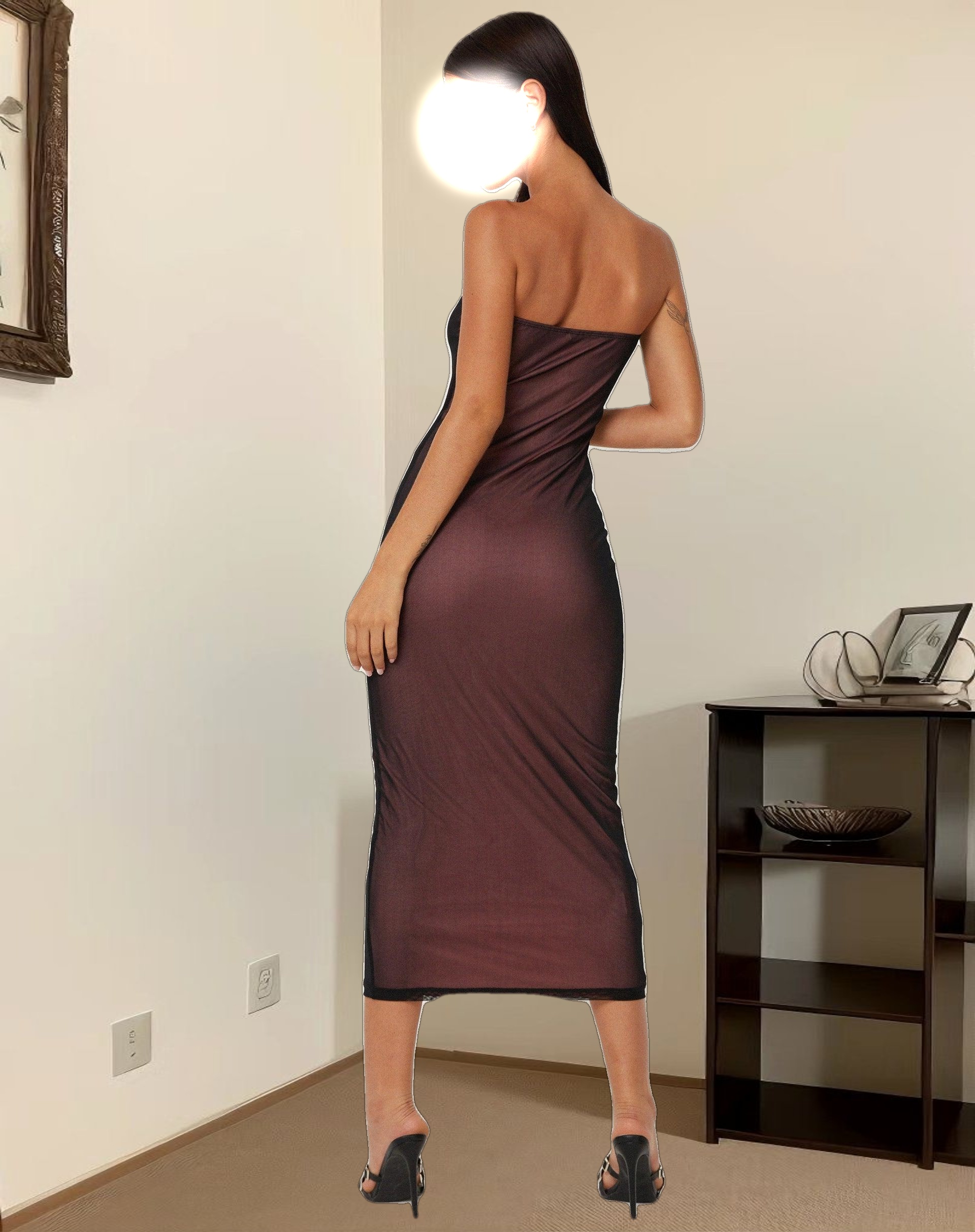Rosbandi Bandeau Midi Dress in Black Pink Lining