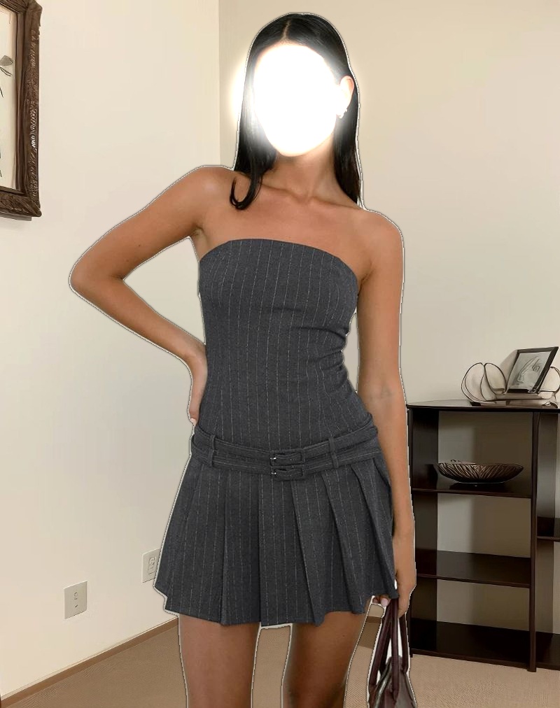 Haika Double Belt Mini Dress in Charcoal with White Stripe