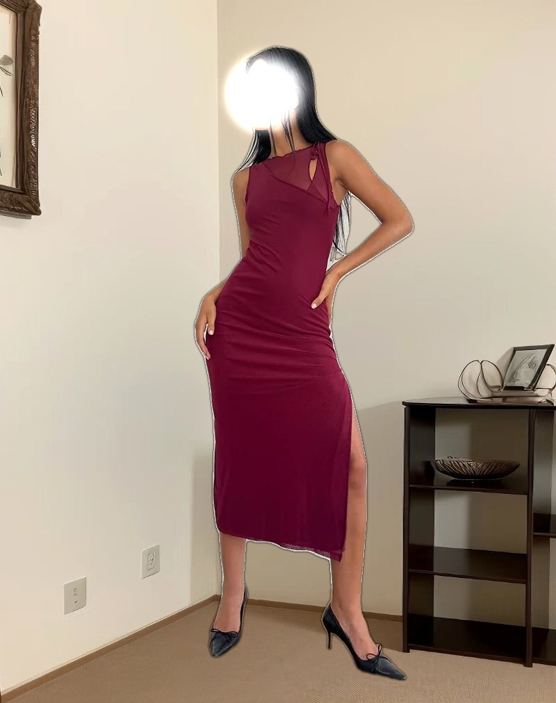 Marlo Asymmetric Midi Dress in Burgundy