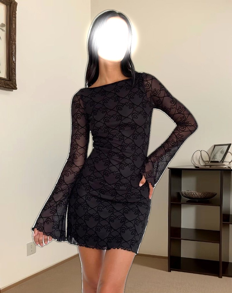 Sevila Long Sleeve Mini Dress in Black Queen of Heart Flock