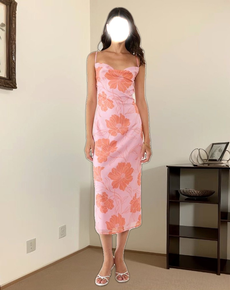 Rujira Cowl Midi Dress in Floral Pink Orange