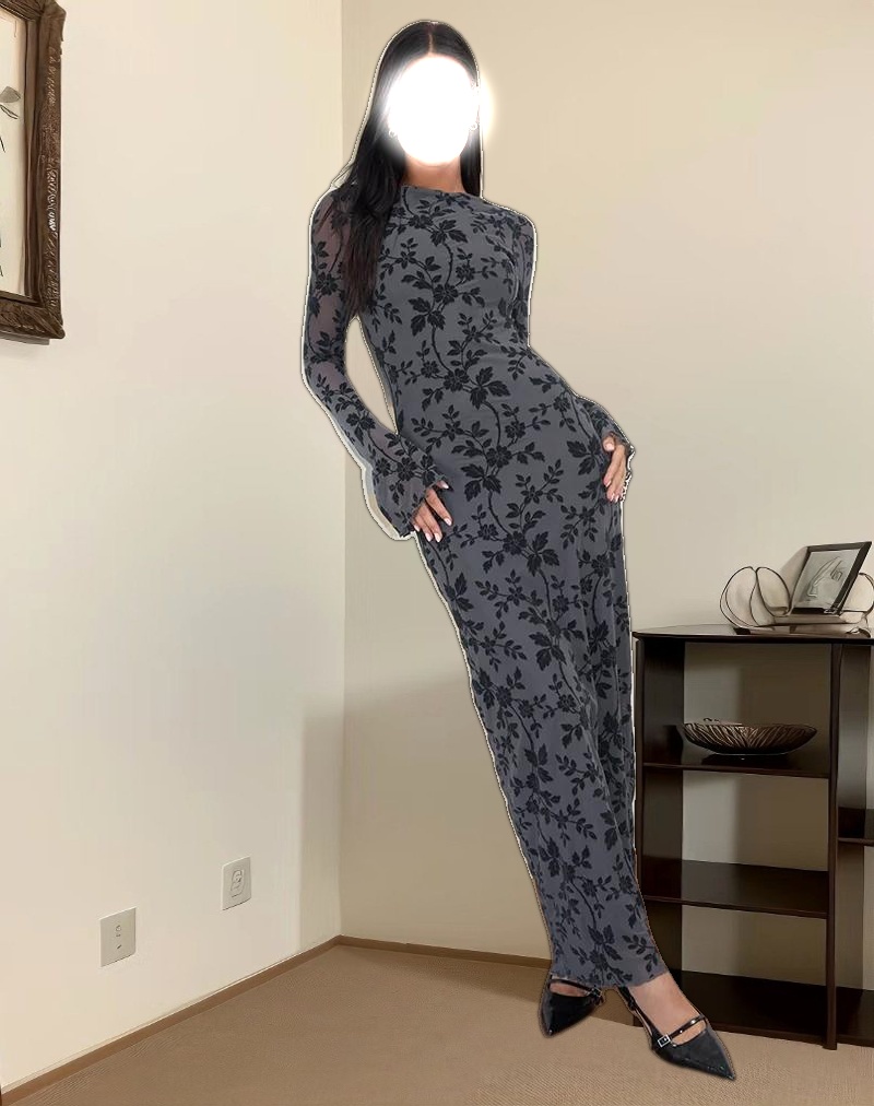 Slokya Long Sleeve Maxi Dress in Vine Floral Flock Ocean Storm