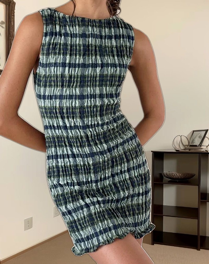 Takayi Mini Dress in Linen Mono Check Green