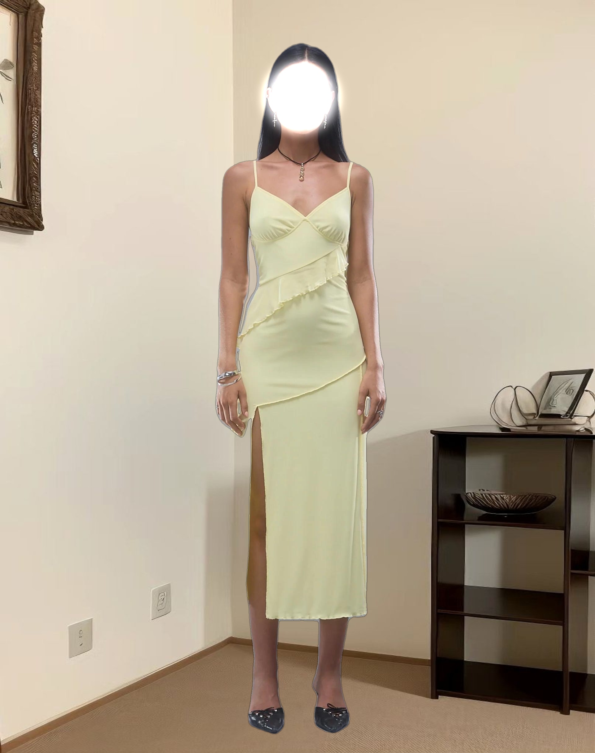 Jacy Ruffle Midi Dress in Mesh Lemon