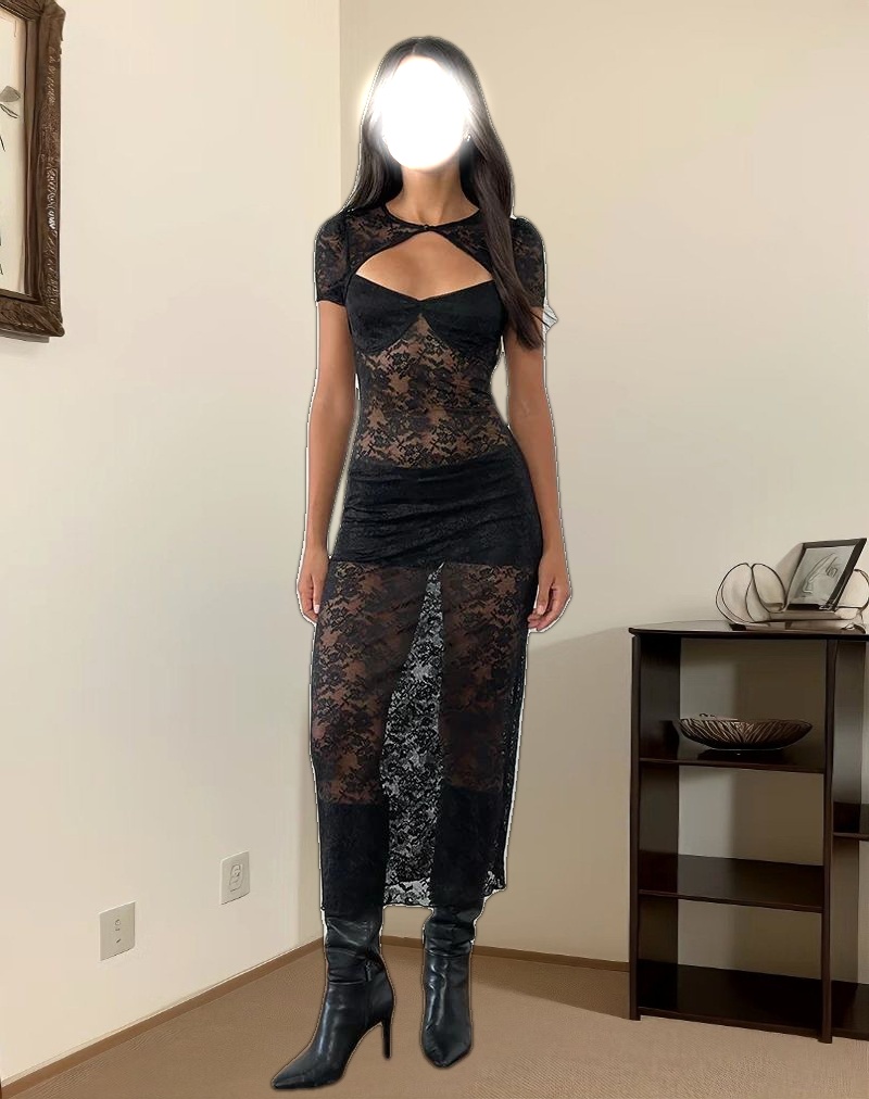 Rium Unlined Midi Dress in Lace Black