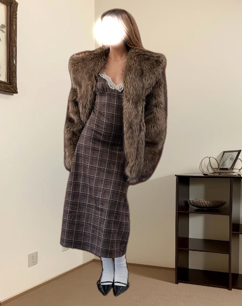 Delfina Midi Dress in Lace Brown Check