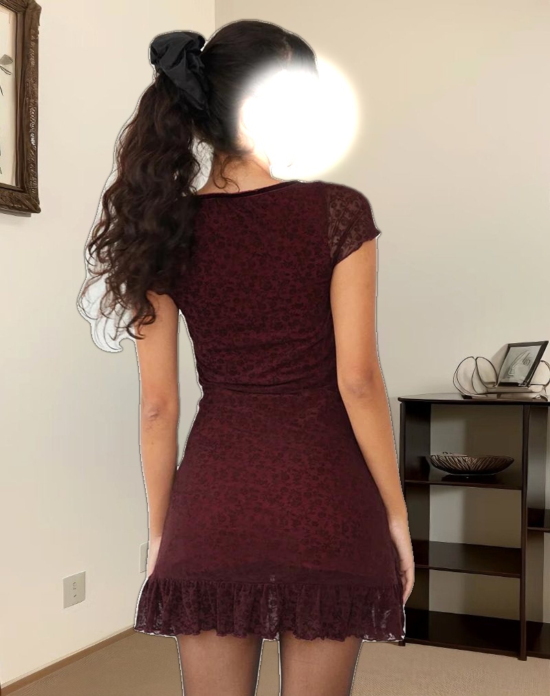 Melva Mini Dress in Ditsy Flock Burnt Maroon