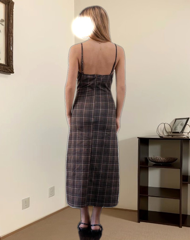 Delfina Midi Dress in Lace Brown Check