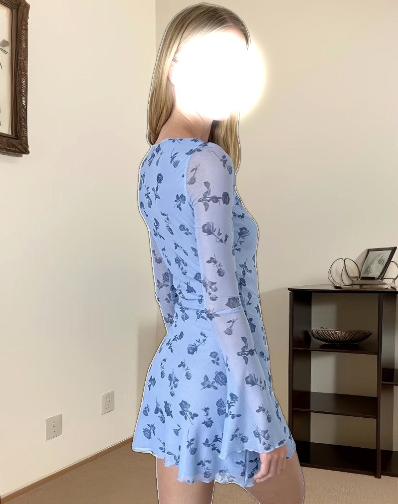 Sevila Long Sleeve Mini Dress in Inky Blue Floral Mesh