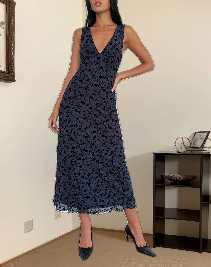 Gabriela Midi Dress in Flocked Petal Navy
