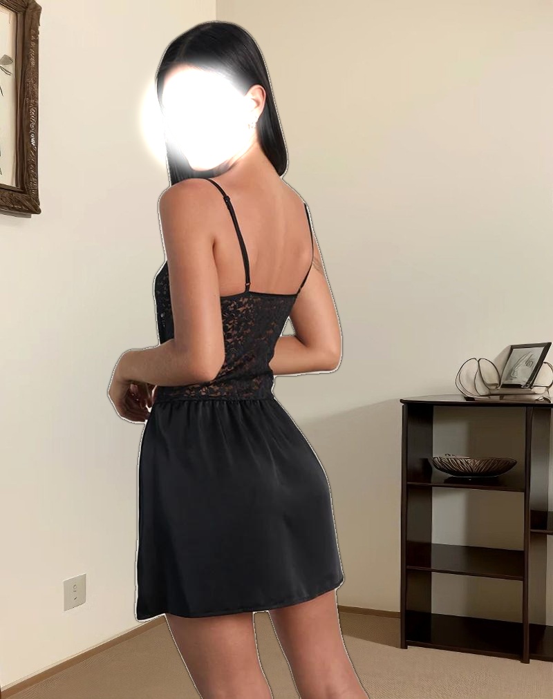 Alunan Slip Dress in Satin Lace Black