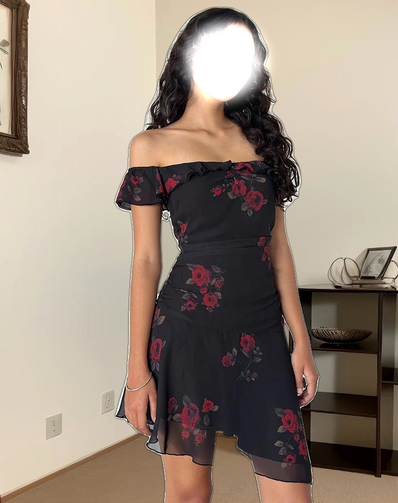 Ursula Bardot Mini Dress in Black Vintage Rose