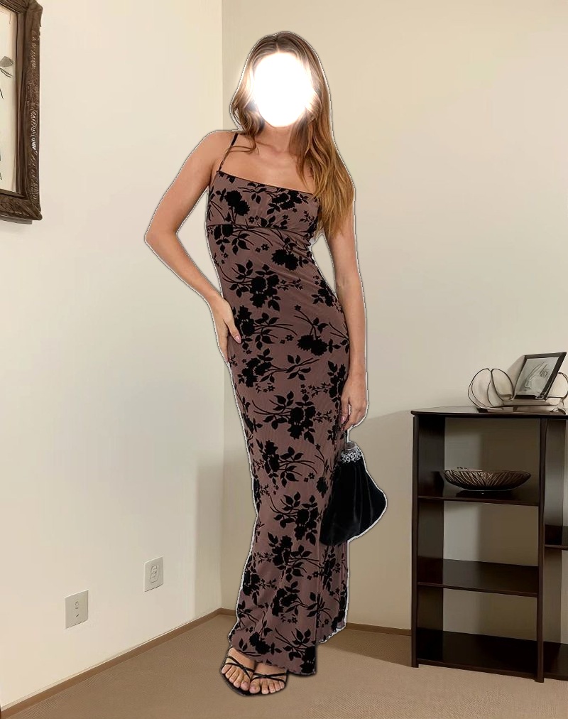 Darsih Cami Maxi Dress in Floral Flock Brown