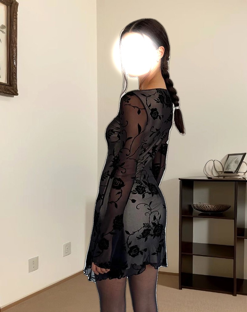 Sevila Long Sleeve Mini Dress in Black Rose Flock