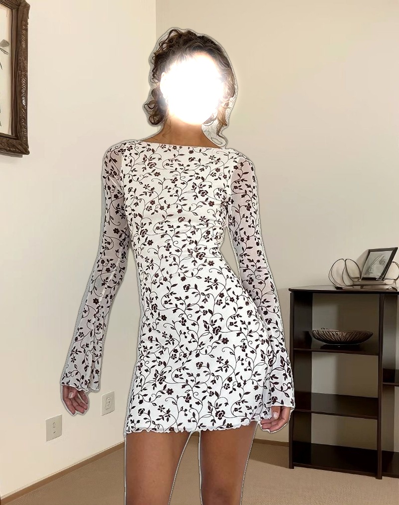 Sevila Long Sleeve Mini Dress in Stem Flower Flock Brown