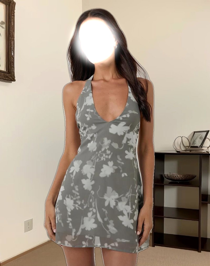 Liri Halterneck Mini Dress in Blurred Floral Grey