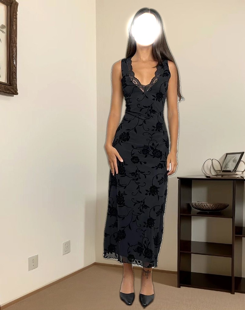 Saga Midi Dress in Rose Flock Black