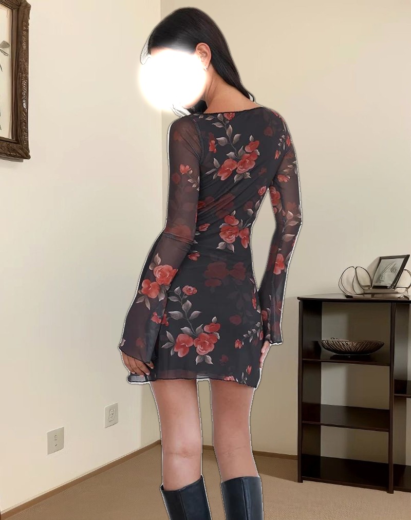 Sevila Long Sleeve Mini Dress in Black Watercolour Rose