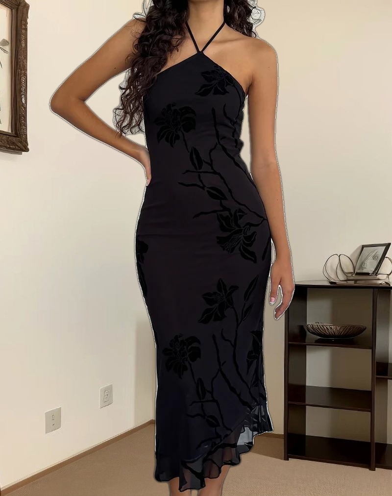 Ribka Halterneck Midi Dress in Orchids Flock Black