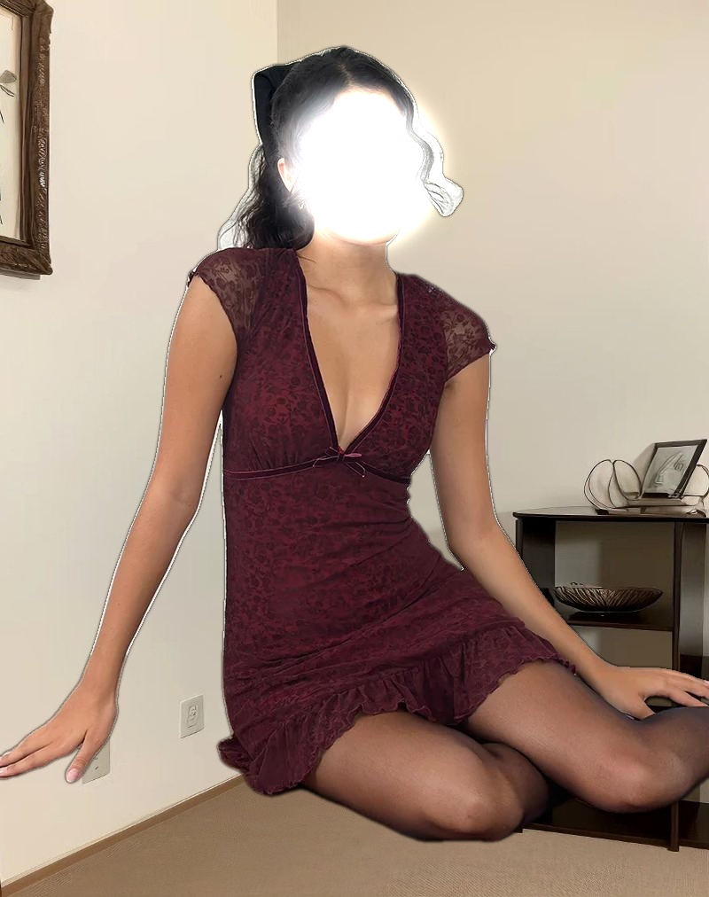 Melva Mini Dress in Ditsy Flock Burnt Maroon