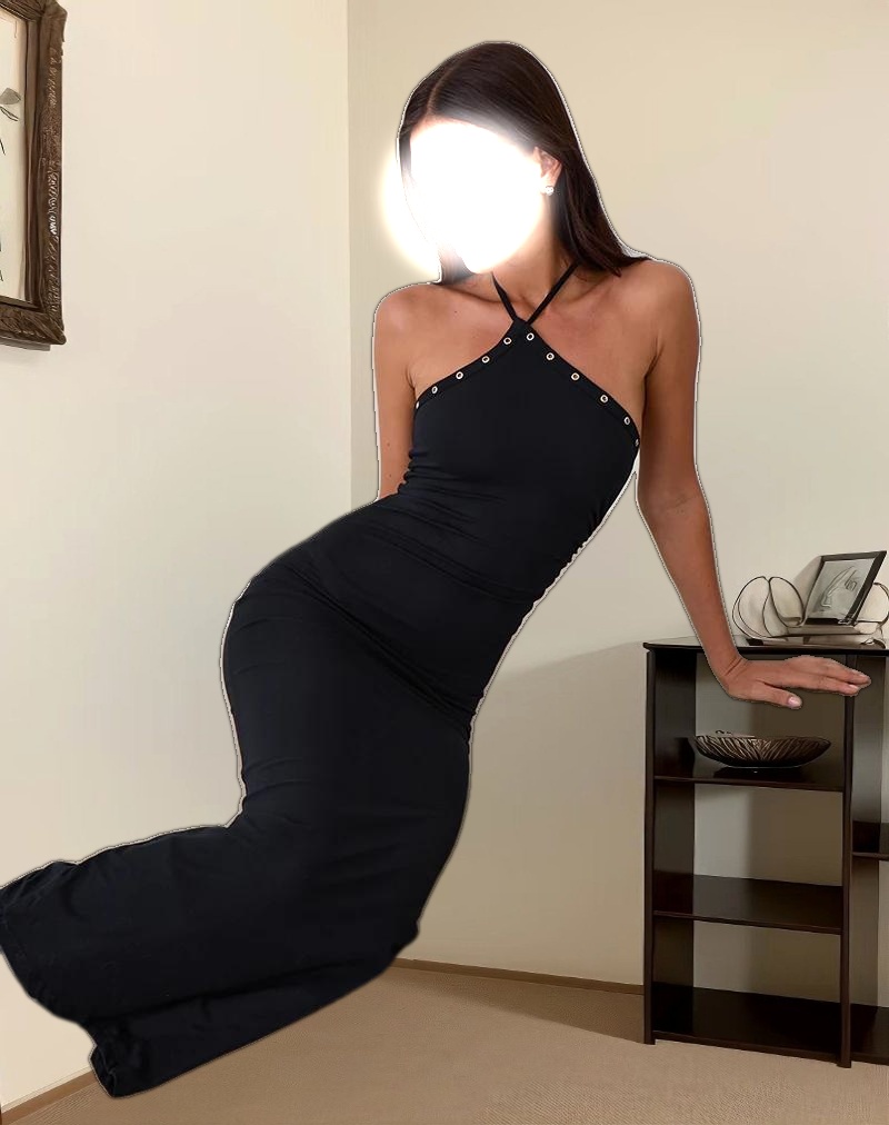 Ishikawa Asymmetrical Maxi Dress with Eyelets in Black