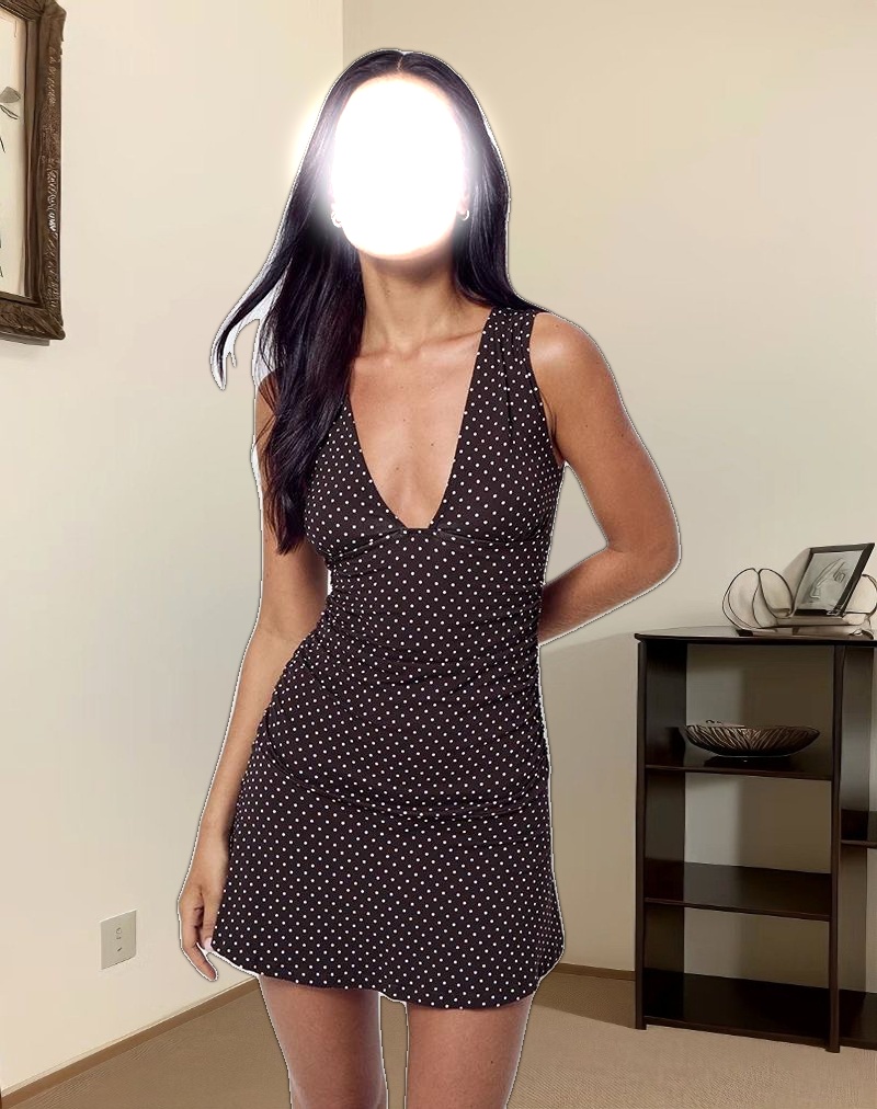 Luscian Plunge Mini Dress in Micro Polka Brown