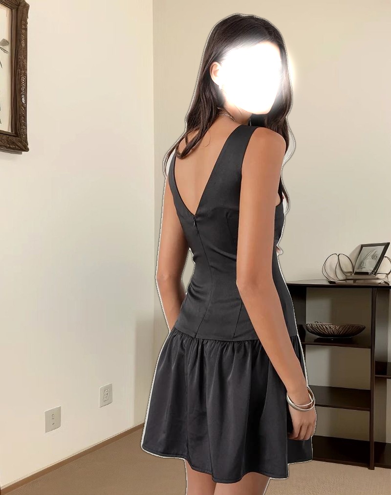 Distia Plunge Puff Mini Dress in Black