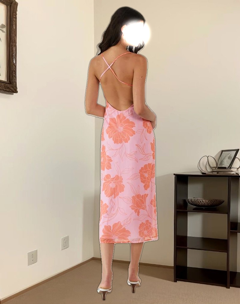 Rujira Cowl Midi Dress in Floral Pink Orange