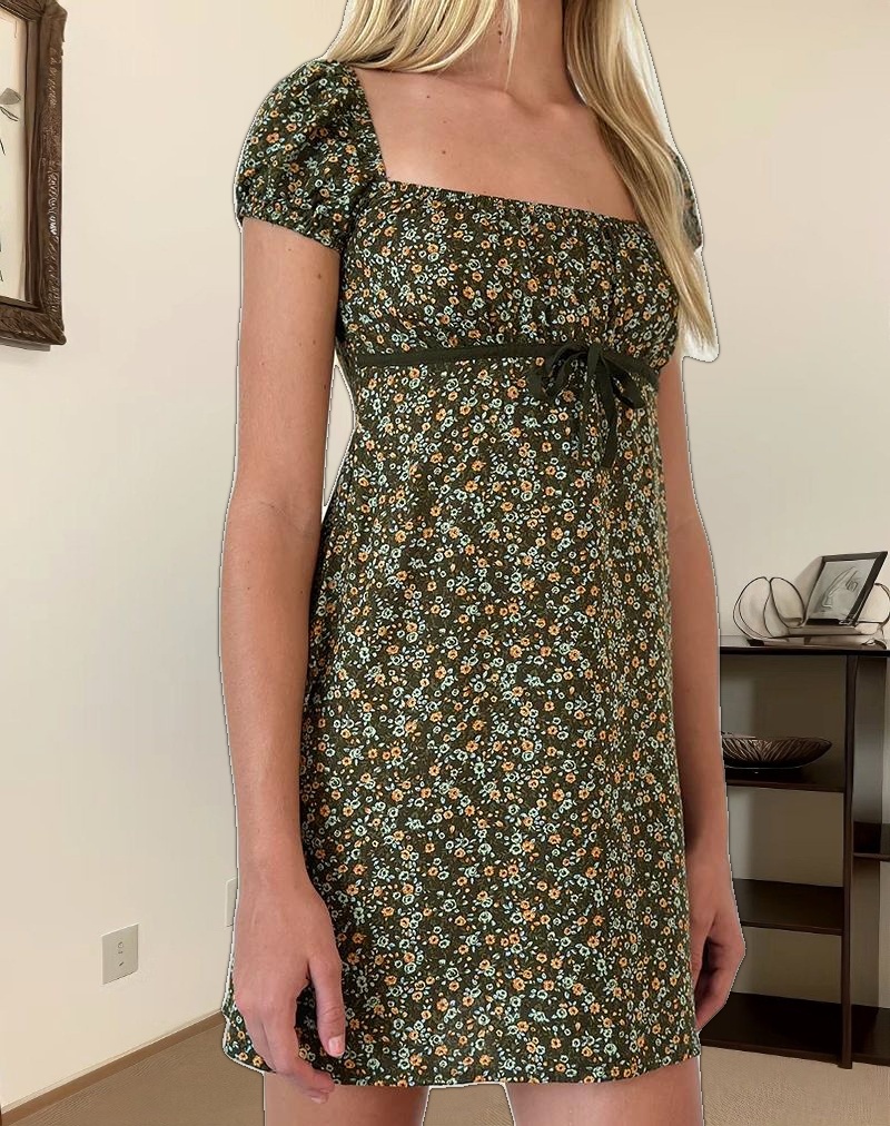 Savio Mini Dress in Grunge Floral Khaki